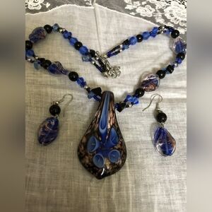 Blue Gold Stone Hand Crafted Art Glass Necklace & Wire Pierced Earrings Set NWOT